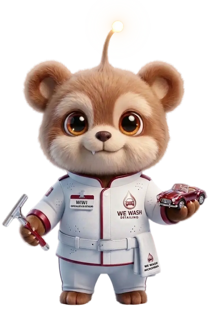 Wiwi, el asistente virtual de WeWash: un osito con antena luminosa y uniforme blanco de WeWash que sostiene un coche rojo en miniatura y una rasqueta